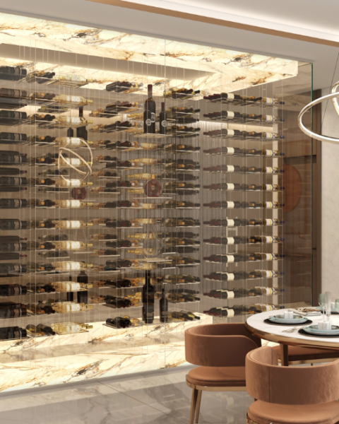 Glass-enclosed floating wine racks